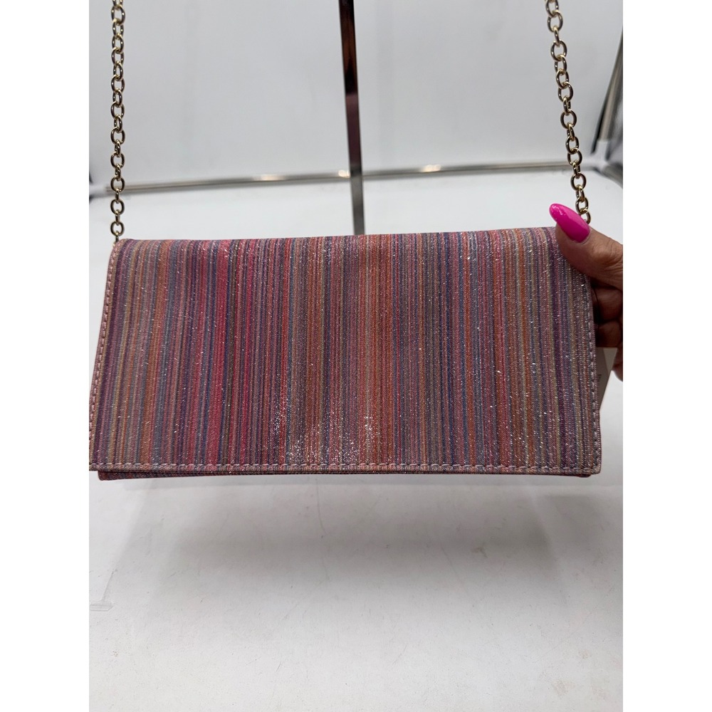 Sondra Roberts Multi Color Glitter Stripe Clutch Gold Chain Strap SRB-E3246 NEW